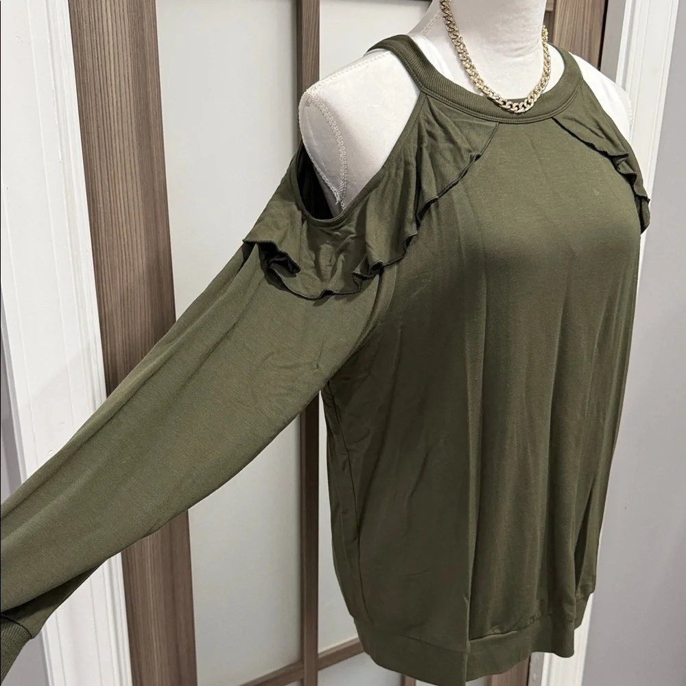 Express Olive Green Ruffle Cold Shoulder Blouse - Picture 2 of 6